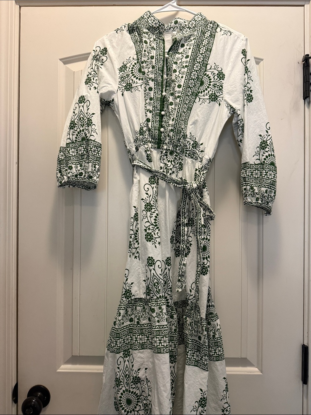 Kaktus White Dress with Green Print and Tie Waist